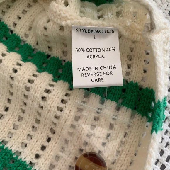 Women's Ivory Green Stripe Crochet Button-Down Sweater - NWOT - Picture 6 of 9